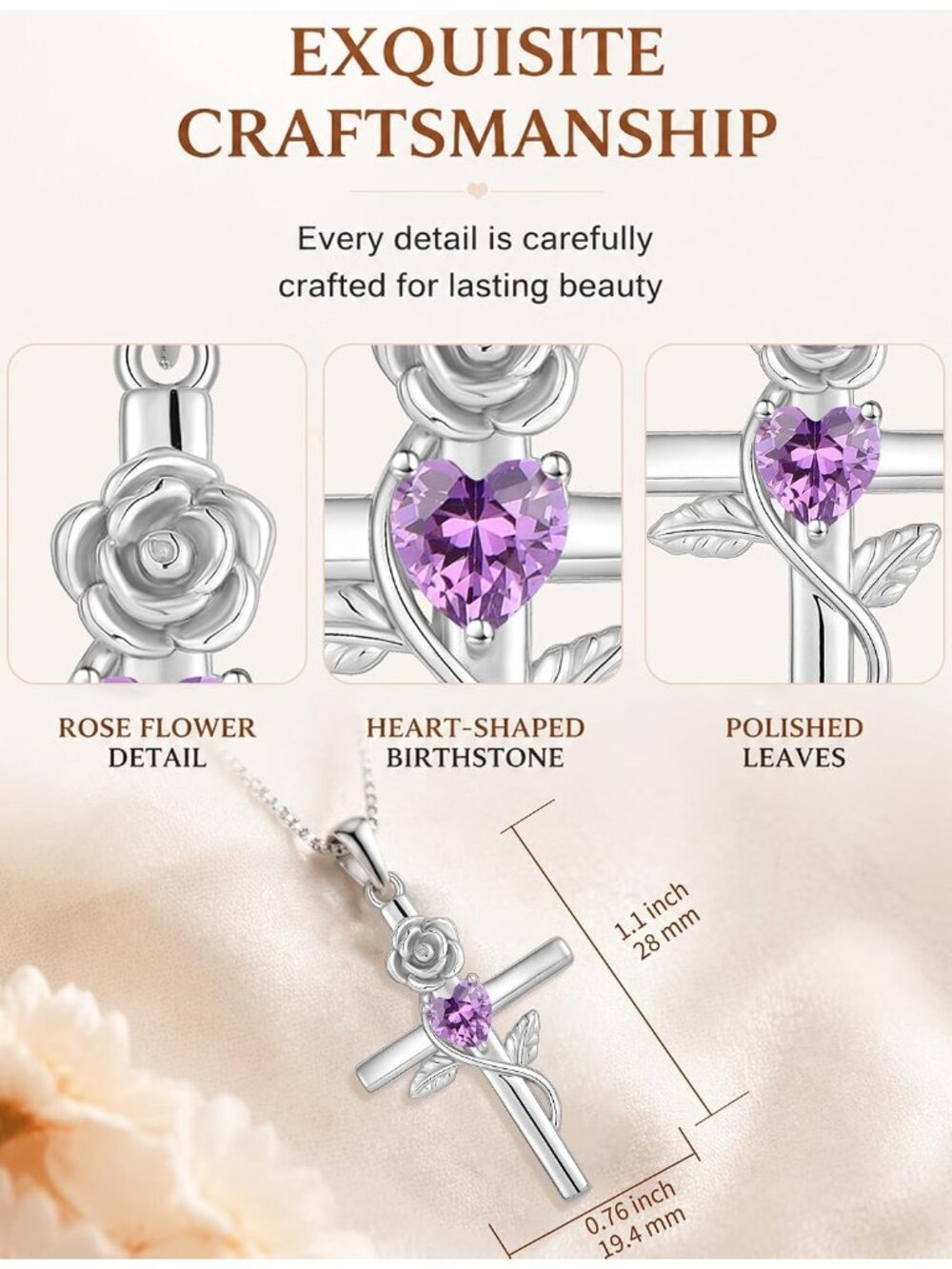 Women’s Purple Sterling Silver Crucifix Flower Cross Birthstone Necklace Jewelry - Picture 6 of 6